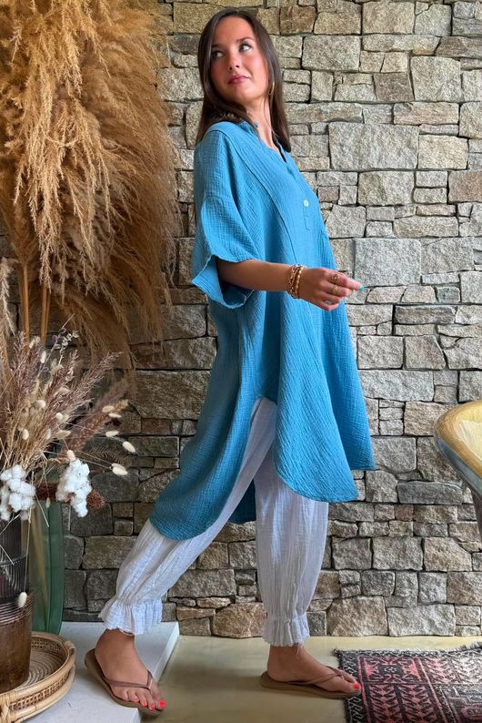 Tasha Cushion Cotton Oversized Shirt Tunic Denim